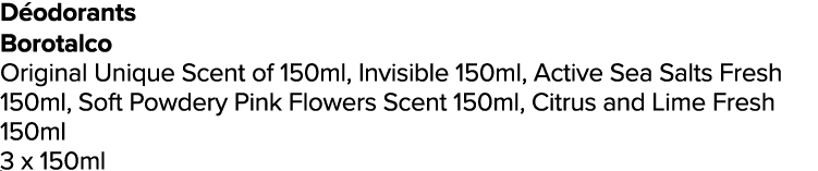 D odorants Borotalco Original Unique Scent of 150ml, Invisible 150ml, Active Sea Salts Fresh 150ml, Soft Powdery Pink...