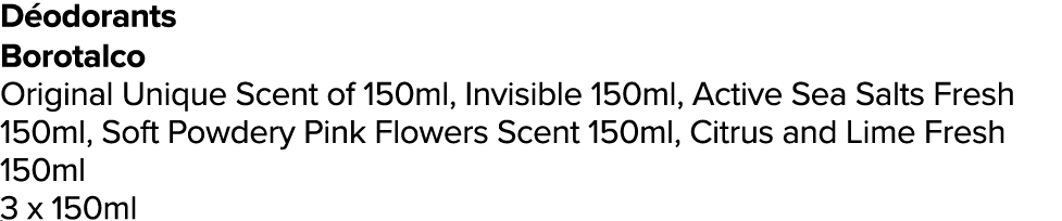 D odorants Borotalco Original Unique Scent of 150ml, Invisible 150ml, Active Sea Salts Fresh 150ml, Soft Powdery Pink...